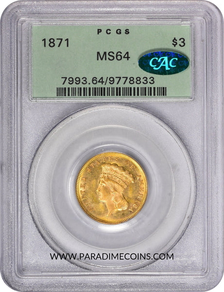 1871 $3 MS64 OGH PCGS CAC - Paradime Coins US Coins For Sale