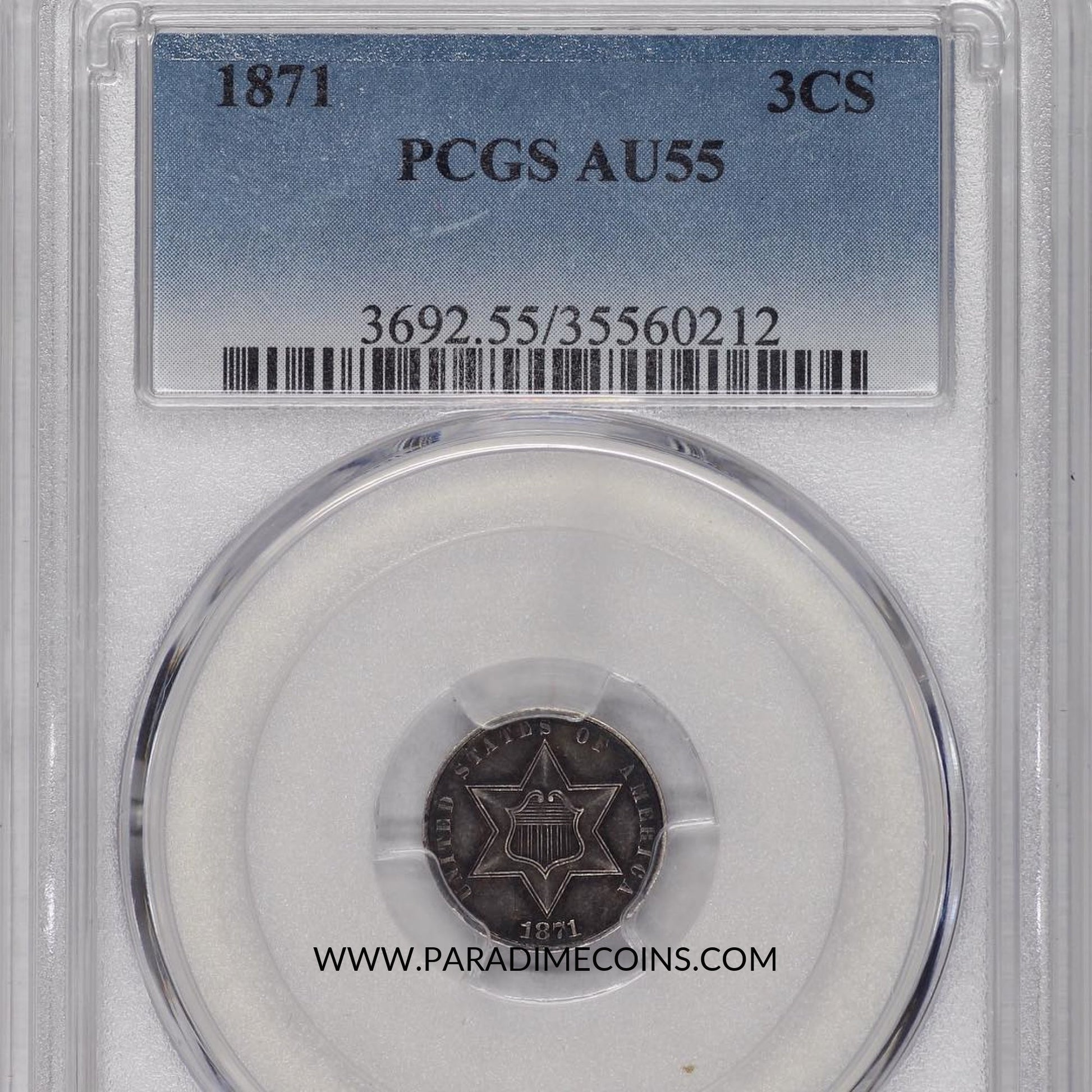 1871 3CS AU55 PCGS - Paradime Coins | PCGS NGC CACG CAC Rare US Numismatic Coins For Sale