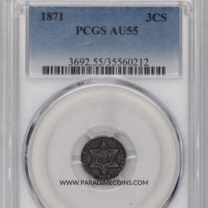 1871 3CS AU55 PCGS - Paradime Coins | PCGS NGC CACG CAC Rare US Numismatic Coins For Sale