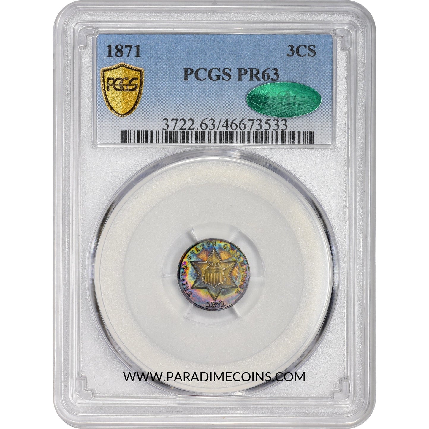 1871 3CS PR63 PCGS CAC - Paradime Coins | PCGS NGC CACG CAC Rare US Numismatic Coins For Sale