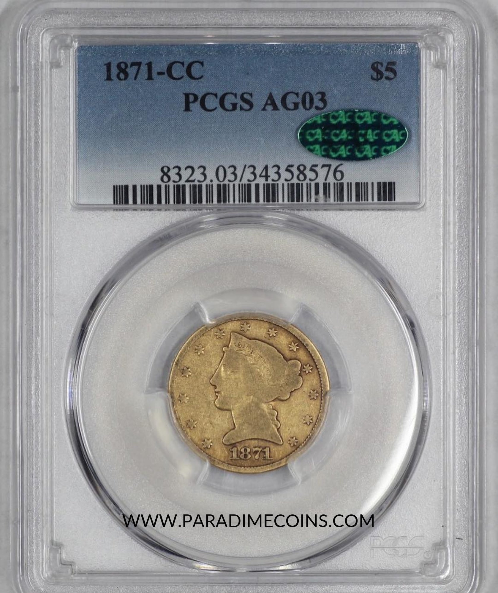 1871-CC $5 AG03 PCGS CAC - Paradime Coins | PCGS NGC CACG CAC Rare US Numismatic Coins For Sale