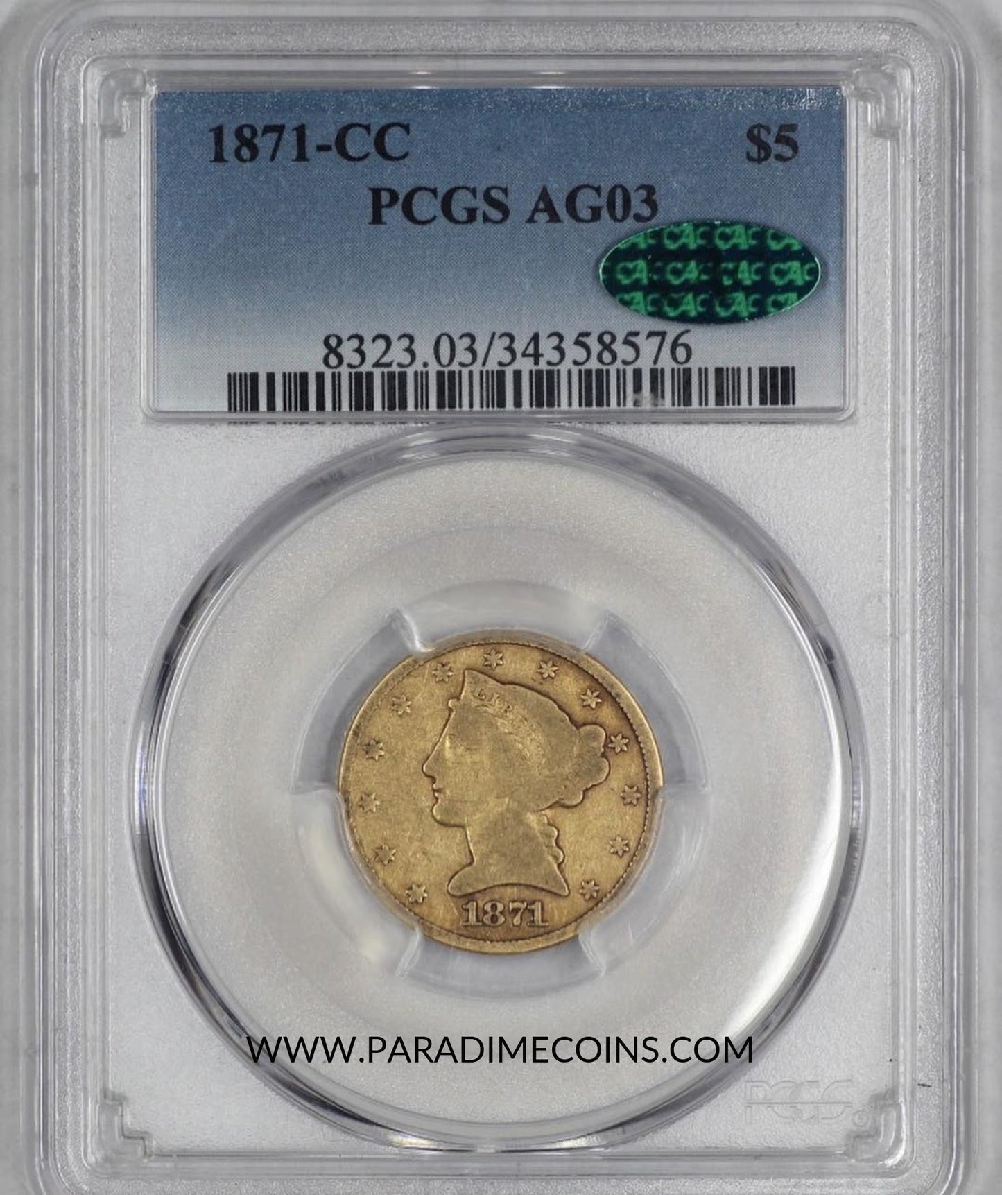 1871-CC $5 AG03 PCGS CAC - Paradime Coins | PCGS NGC CACG CAC Rare US Numismatic Coins For Sale