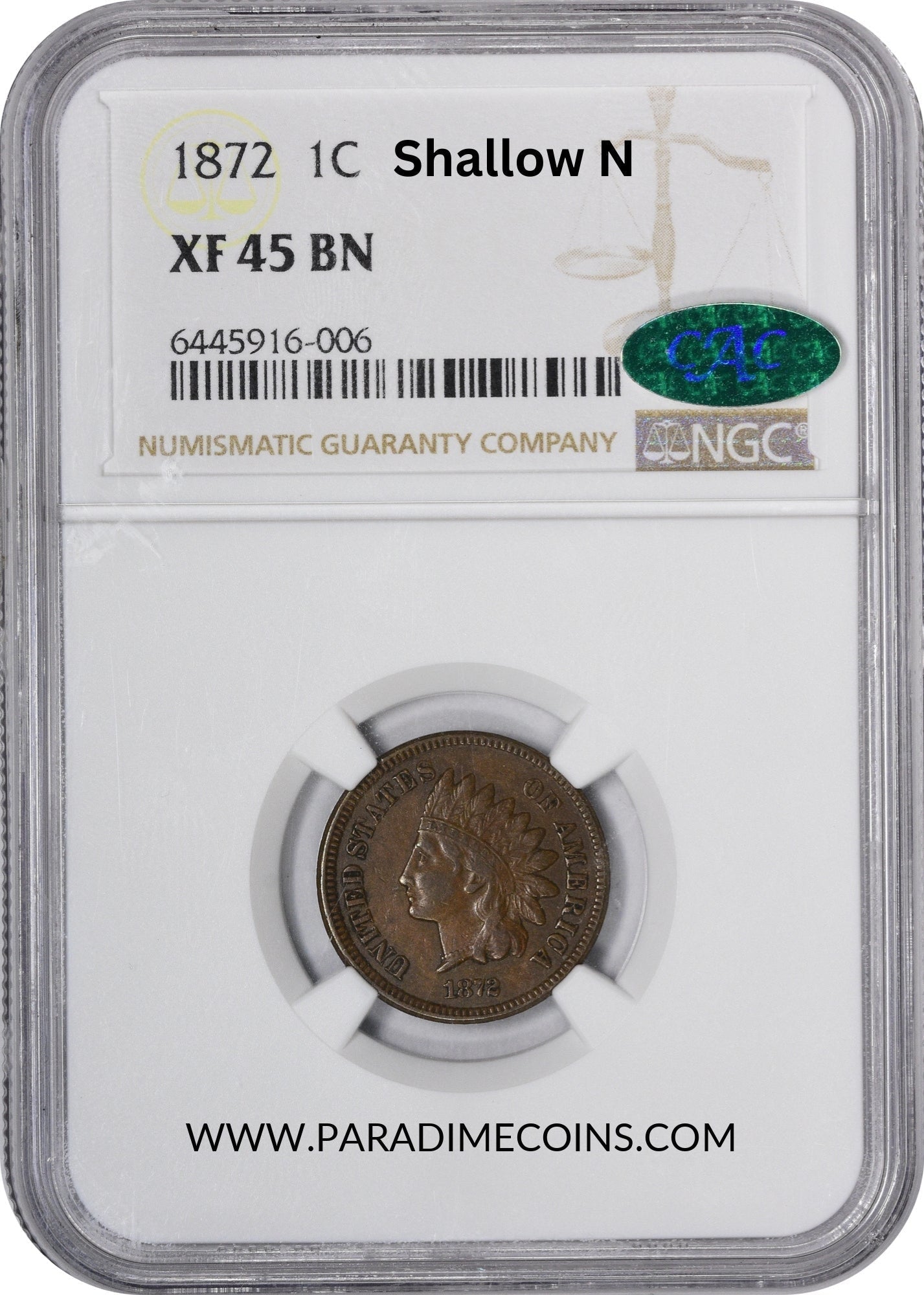 1872 1C SHALLOW N XF45 NGC CAC - Paradime Coins | PCGS NGC CACG CAC Rare US Numismatic Coins For Sale