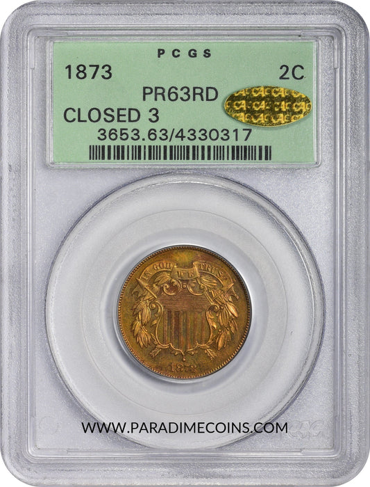 1873 2C CLOSED 3 PR63 RD OGH PCGS GOLD CAC - Paradime Coins | PCGS NGC CACG CAC Rare US Numismatic Coins For Sale