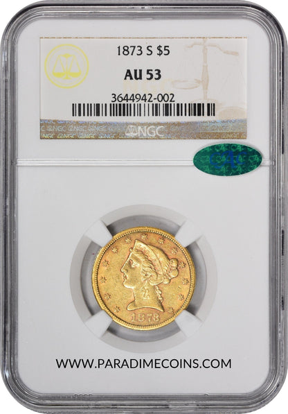 1873-S $5 AU53 NGC CAC - Paradime Coins | PCGS NGC CACG CAC Rare US Numismatic Coins For Sale