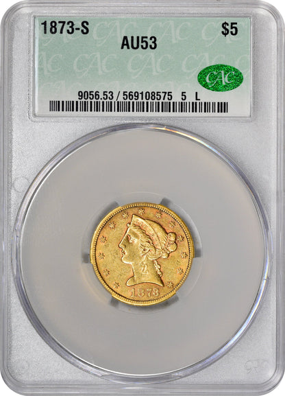 1873-S $5 AU53 CACG - Paradime Coins | PCGS NGC CACG CAC Rare US Numismatic Coins For Sale