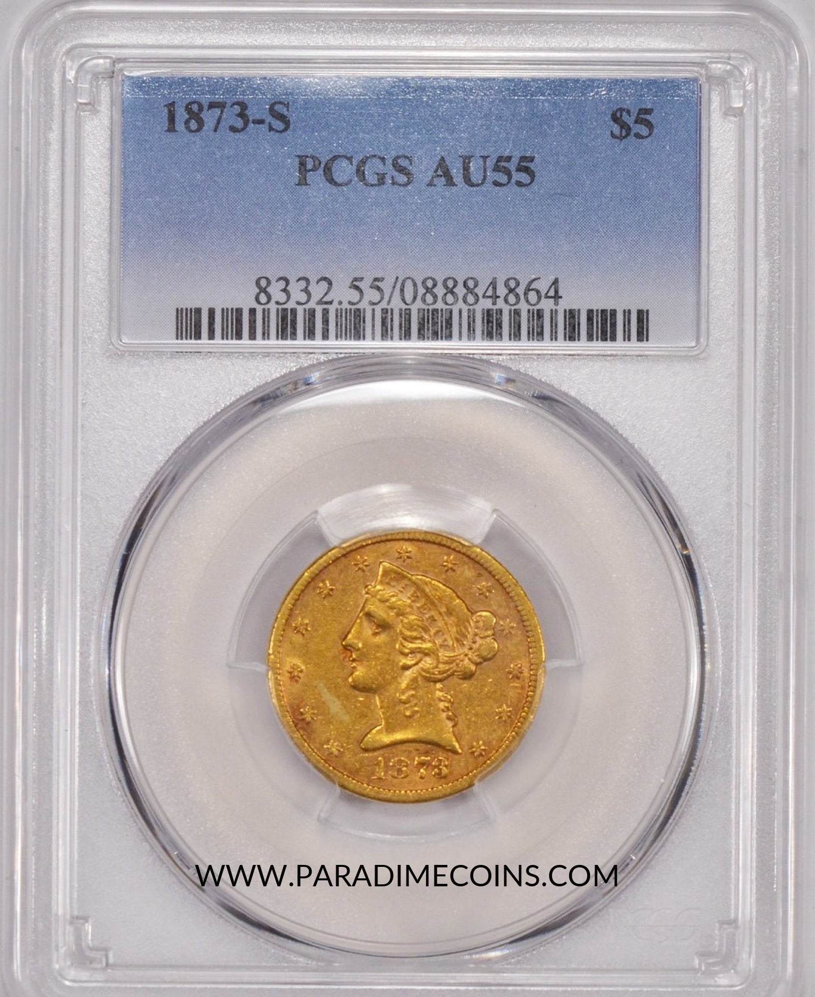 1873-S $5 AU55 PCGS - Paradime Coins | PCGS NGC CACG CAC Rare US Numismatic Coins For Sale