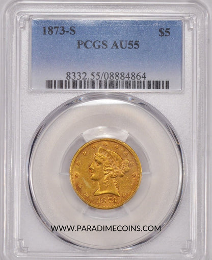 1873-S $5 AU55 PCGS - Paradime Coins | PCGS NGC CACG CAC Rare US Numismatic Coins For Sale