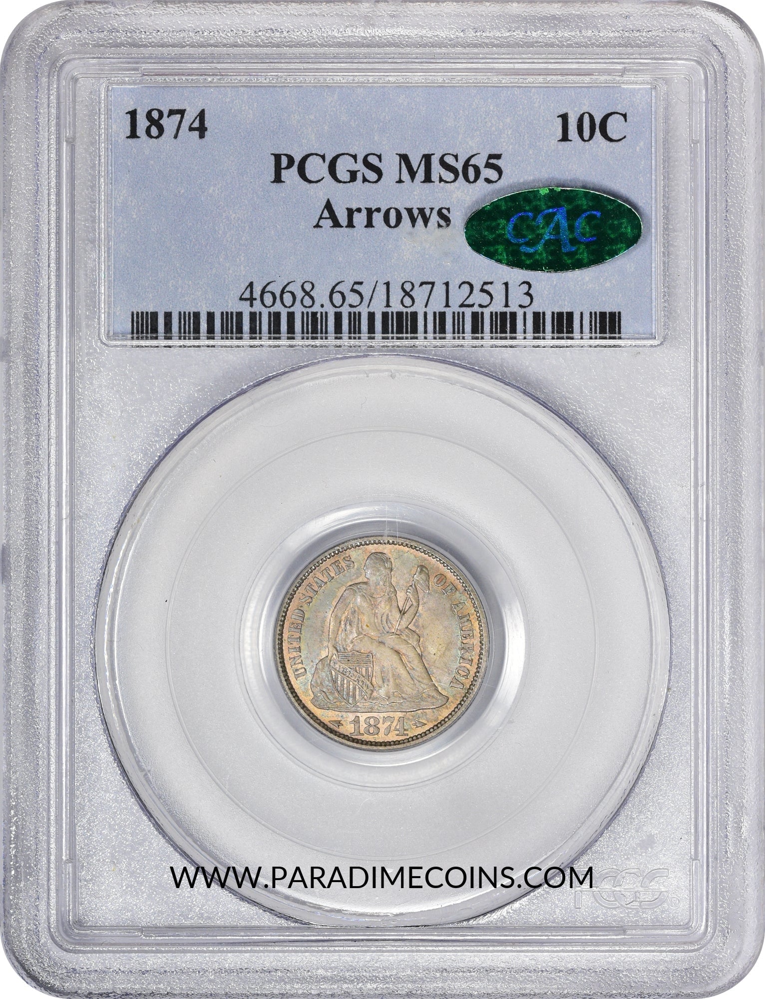 1874 10C ARROWS MS65 PCGS CAC - Paradime Coins | PCGS NGC CACG CAC Rare US Numismatic Coins For Sale