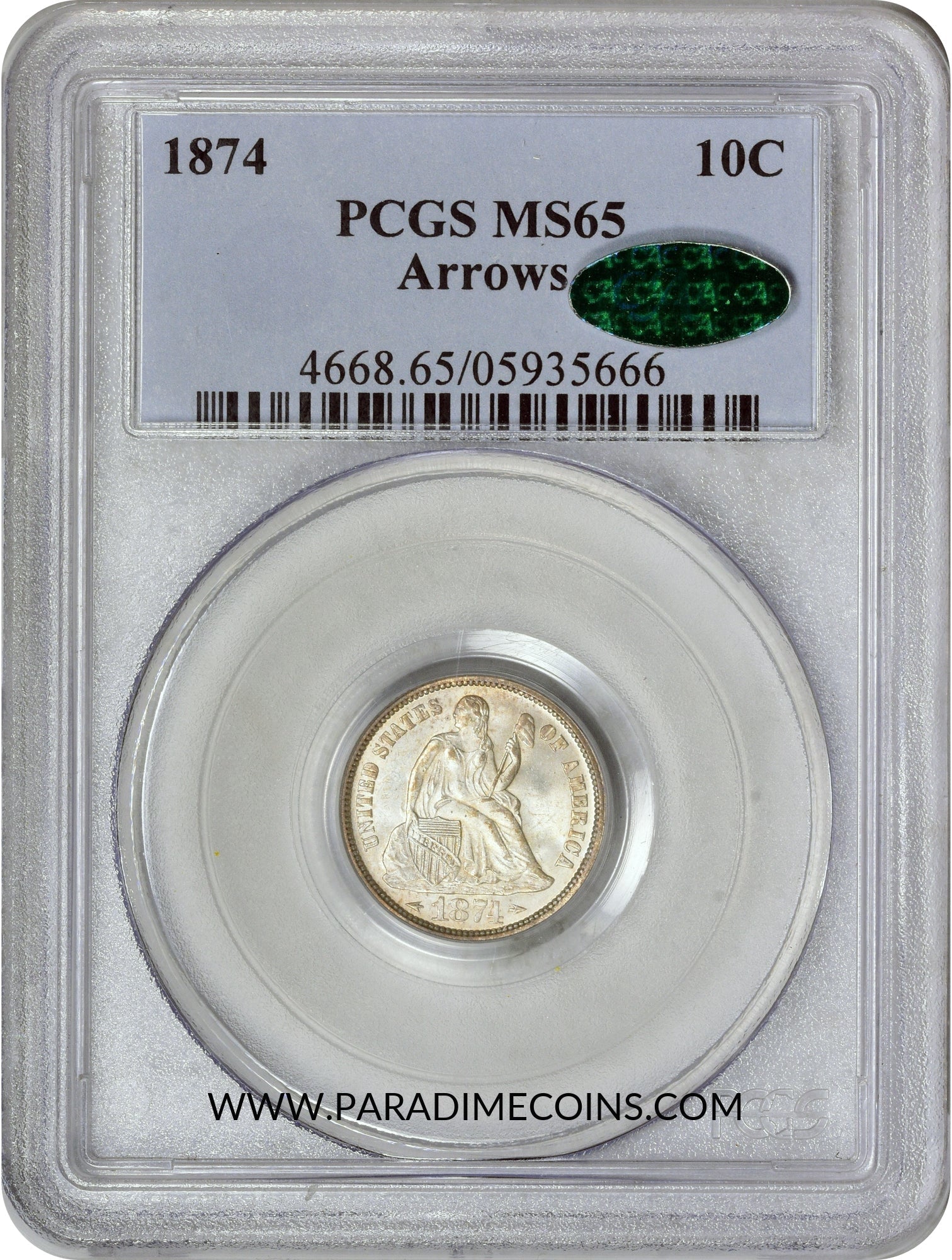 1874 10C ARROWS MS65 PCGS CAC - Paradime Coins | PCGS NGC CACG CAC Rare US Numismatic Coins For Sale