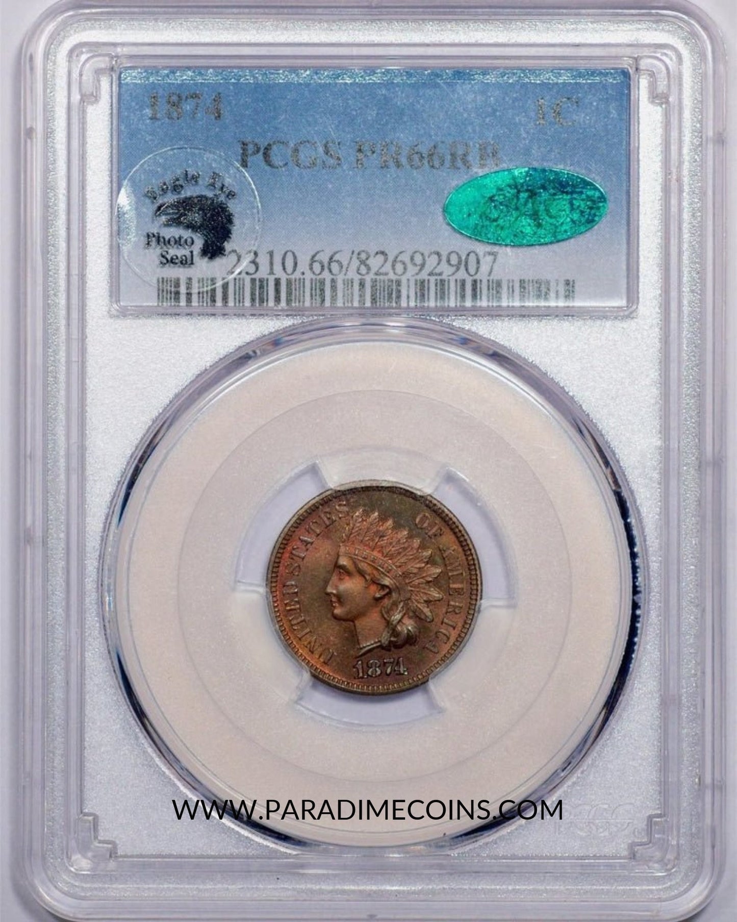 1874 1C PR66 RB PCGS CAC EEPS - Paradime Coins | PCGS NGC CACG CAC Rare US Numismatic Coins For Sale