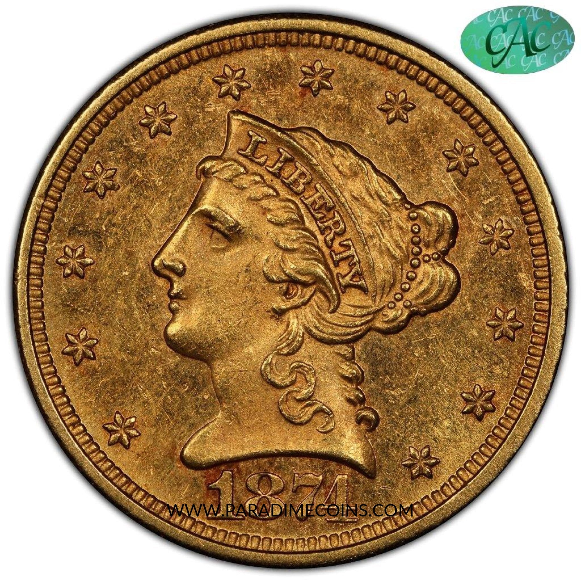 1874 $2.5 MS62 PCGS CAC - Paradime Coins | PCGS NGC CACG CAC Rare US Numismatic Coins For Sale