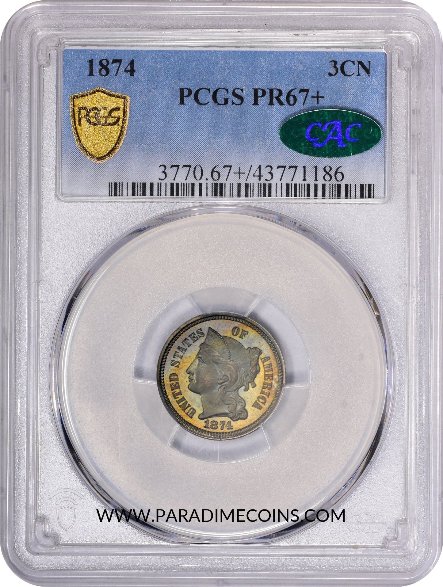 1874 3CN PR67+ PCGS CAC - Paradime Coins | PCGS NGC CACG CAC Rare US Numismatic Coins For Sale