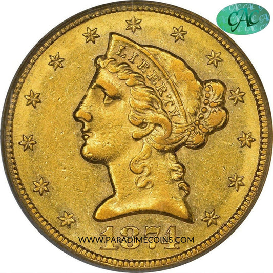 1874-CC $5 AU55+ PCGS CAC - Paradime Coins | PCGS NGC CACG CAC Rare US Numismatic Coins For Sale