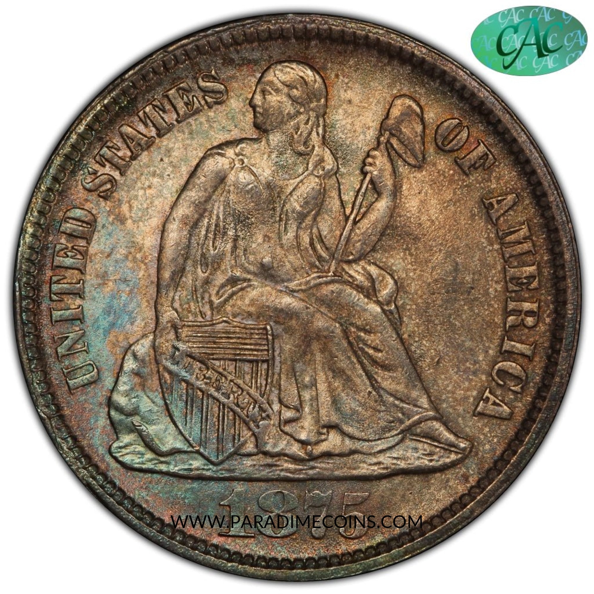 1875-CC 10C MM ABOVE BOW MS65 PCGS CAC - Paradime Coins | PCGS NGC CACG CAC Rare US Numismatic Coins For Sale