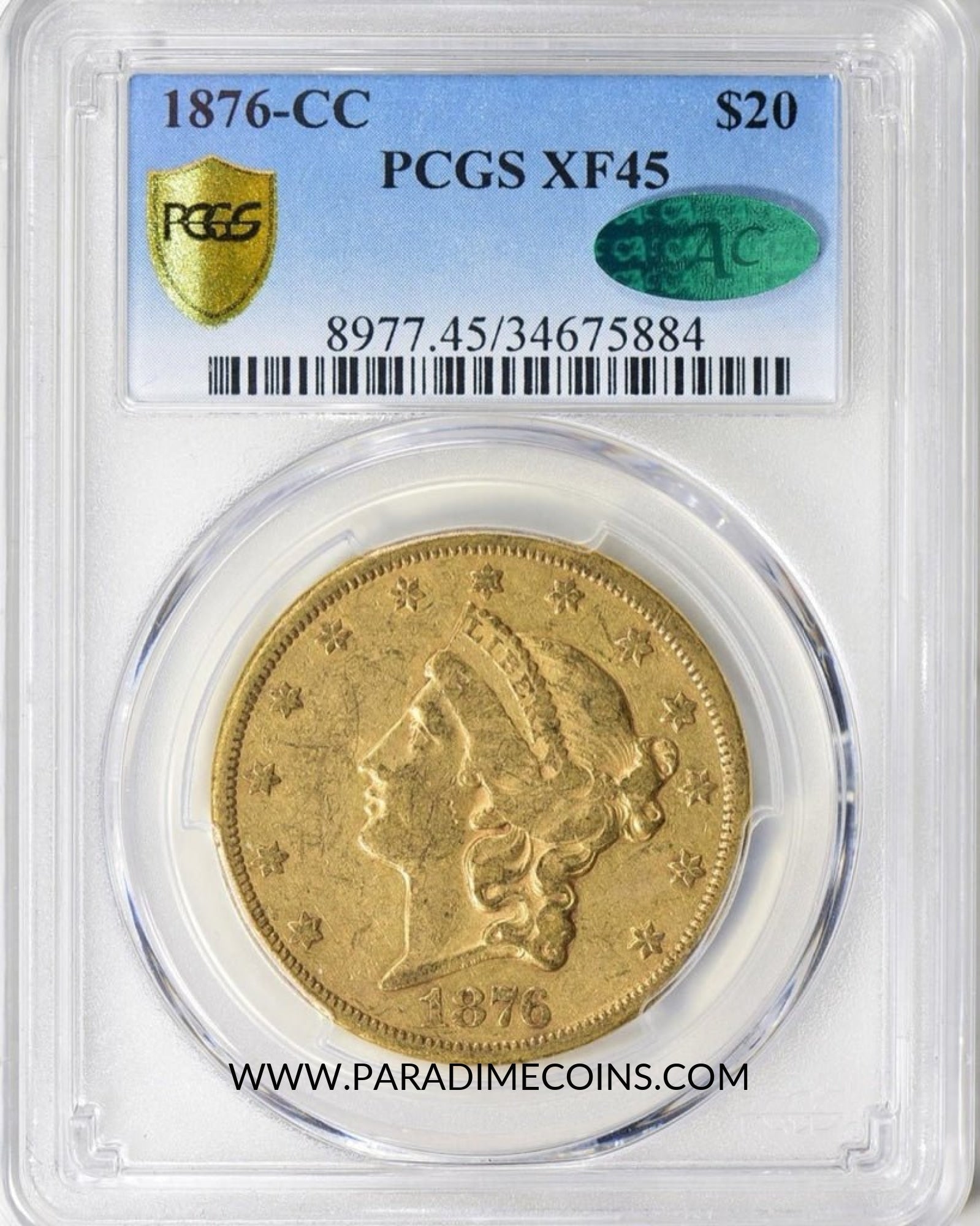 1876-CC $20 XF45 PCGS CAC - Paradime Coins | PCGS NGC CACG CAC Rare US Numismatic Coins For Sale