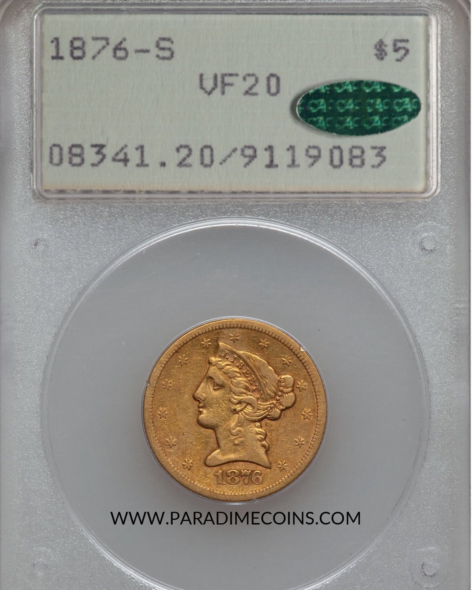 1876-S $5 VF20 PCGS CAC - Paradime Coins | PCGS NGC CACG CAC Rare US Numismatic Coins For Sale