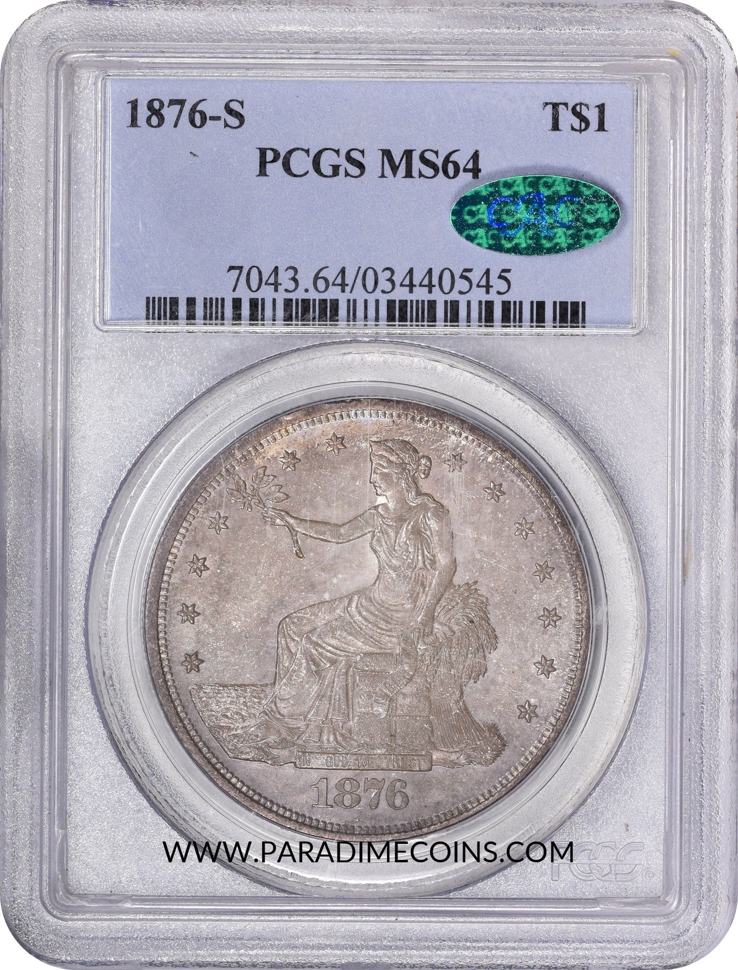 1876-S T$1 MS64 PCGS CAC - Paradime Coins | PCGS NGC CACG CAC Rare US Numismatic Coins For Sale
