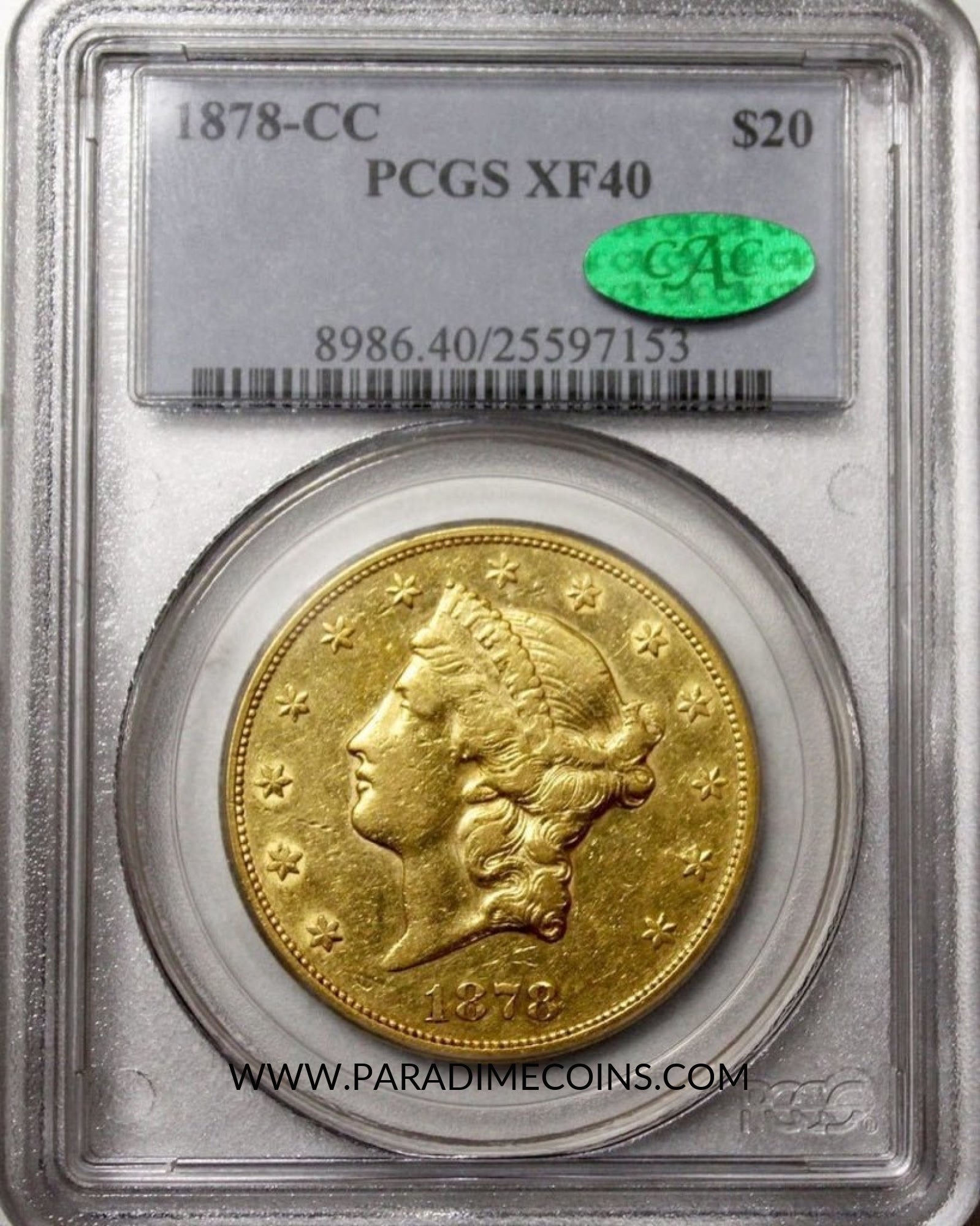 1878-CC $20 XF40 PCGS CAC - Paradime Coins | PCGS NGC CACG CAC Rare US Numismatic Coins For Sale