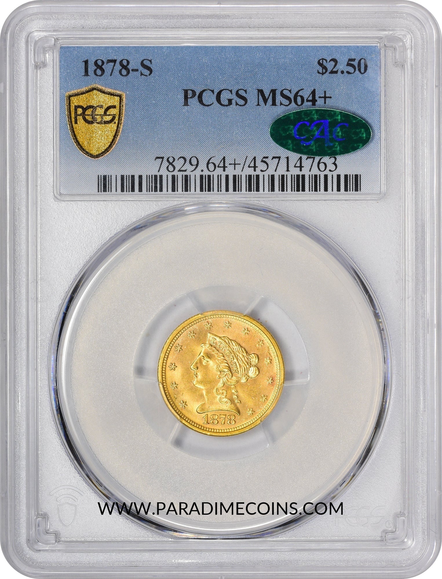 1878-S $2.5 MS64+ PCGS CAC - Paradime Coins US Coins For Sale