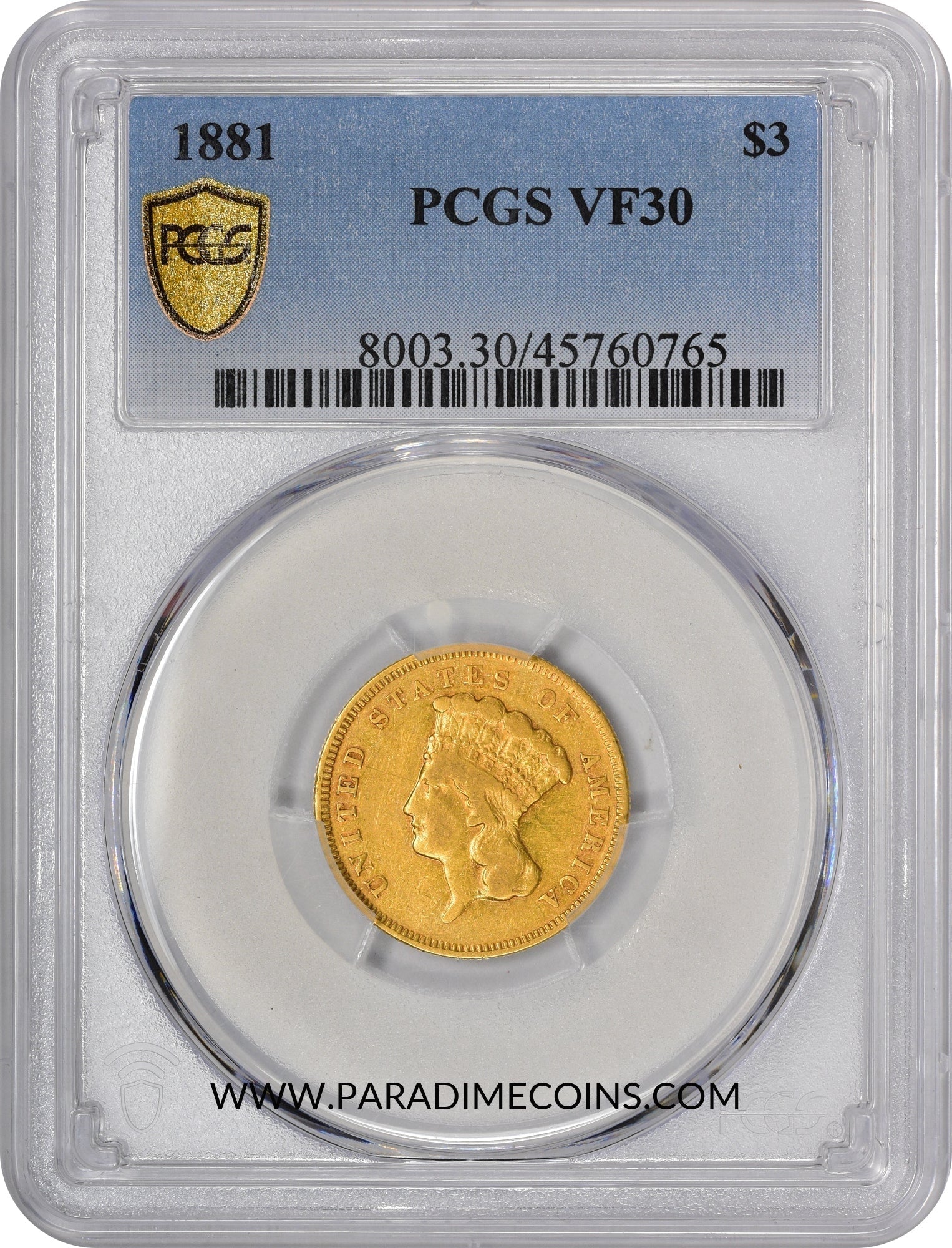 1881 $3 VF30 PCGS - Paradime Coins | PCGS NGC CACG CAC Rare US Numismatic Coins For Sale