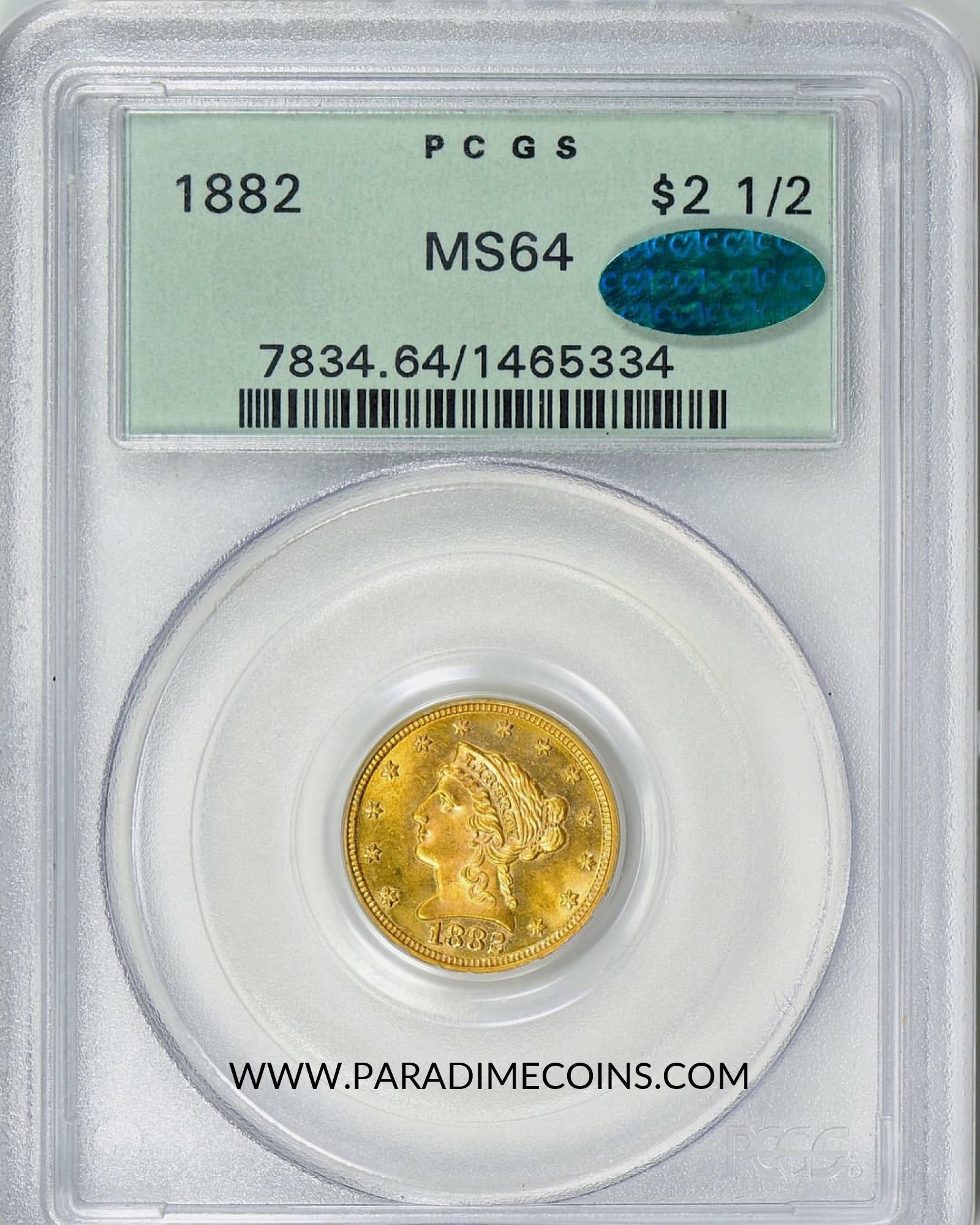 1882 $2.5 MS64 PCGS CAC OGH - Paradime Coins US Coins For Sale