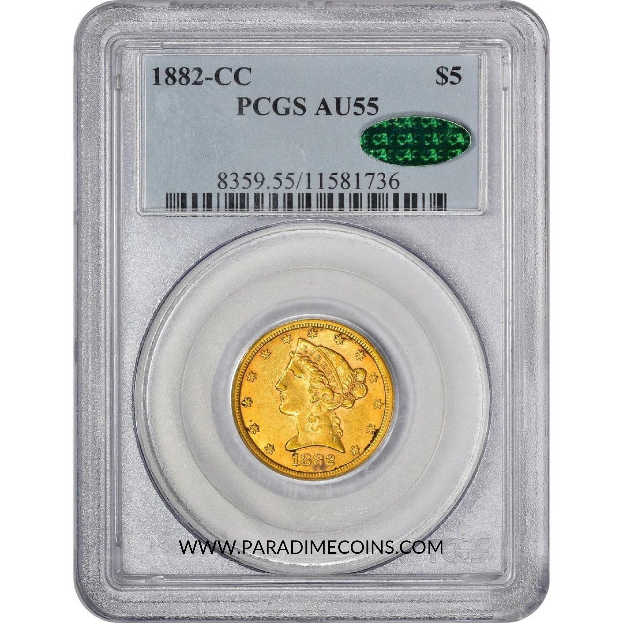 1882-CC $5 AU55 PCGS CAC - Paradime Coins | PCGS NGC CACG CAC Rare US Numismatic Coins For Sale