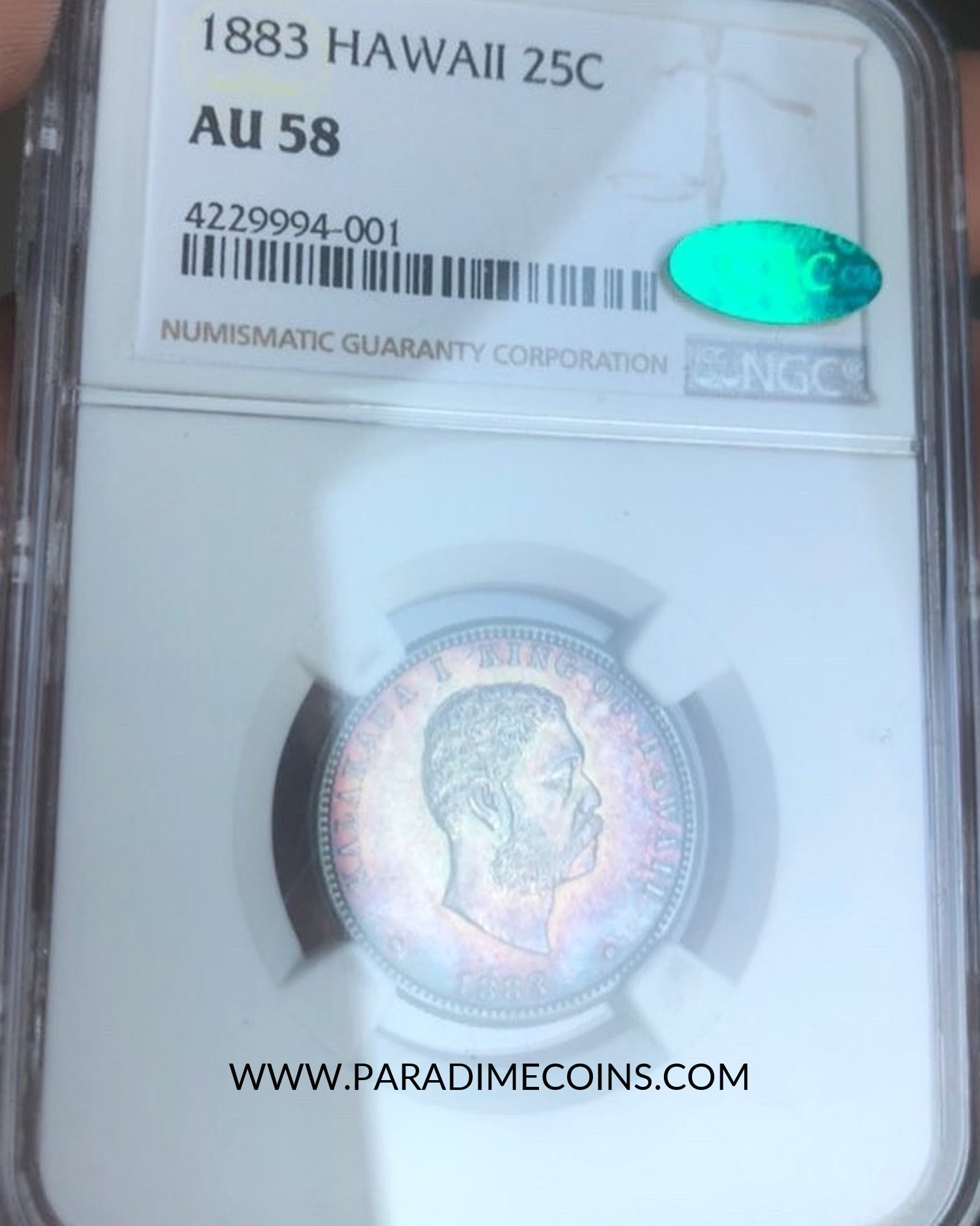 1883 HAWAII 25C AU58 NGC CAC - Paradime Coins | PCGS NGC CACG CAC Rare US Numismatic Coins For Sale