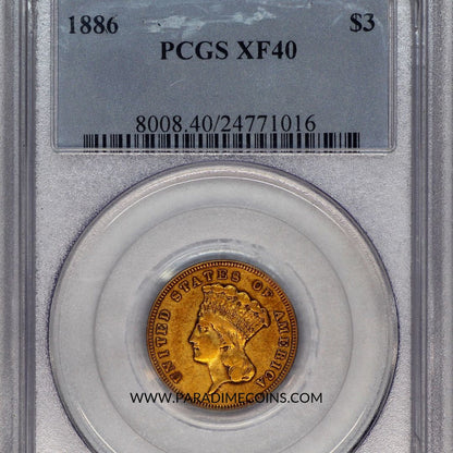 1886 $3 XF40 PCGS - Paradime Coins | PCGS NGC CACG CAC Rare US Numismatic Coins For Sale