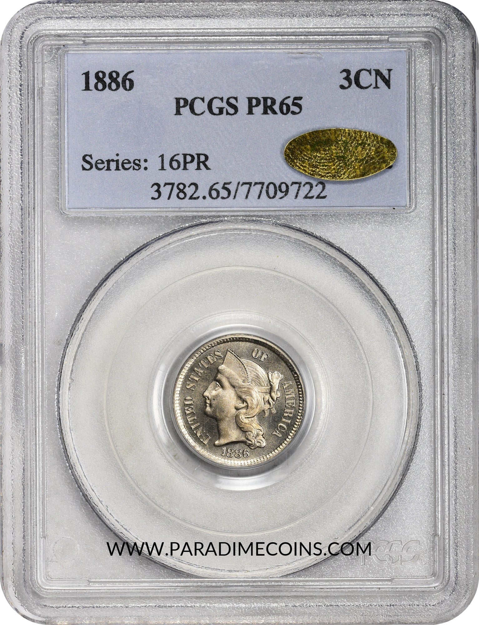 1886 3CN PR65 PCGS GOLD CAC - Paradime Coins | PCGS NGC CACG CAC Rare US Numismatic Coins For Sale