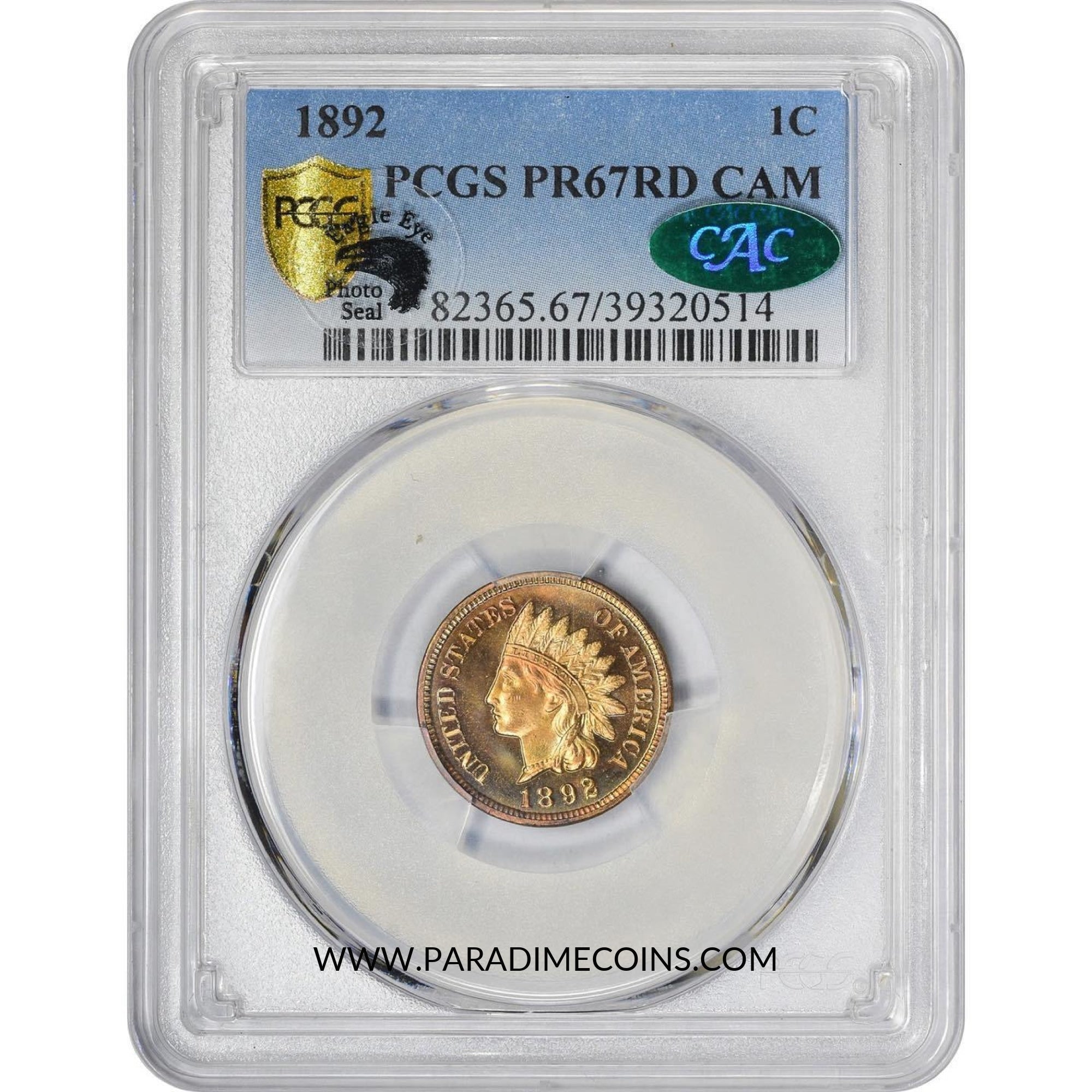 1892 1C PR67 RD CAMEO PCGS CAC PHOTO SEAL - Paradime Coins | PCGS NGC CACG CAC Rare US Numismatic Coins For Sale