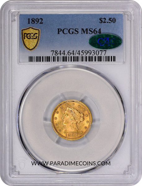 1892 $2.5 MS64 PCGS CAC - Paradime Coins US Coins For Sale