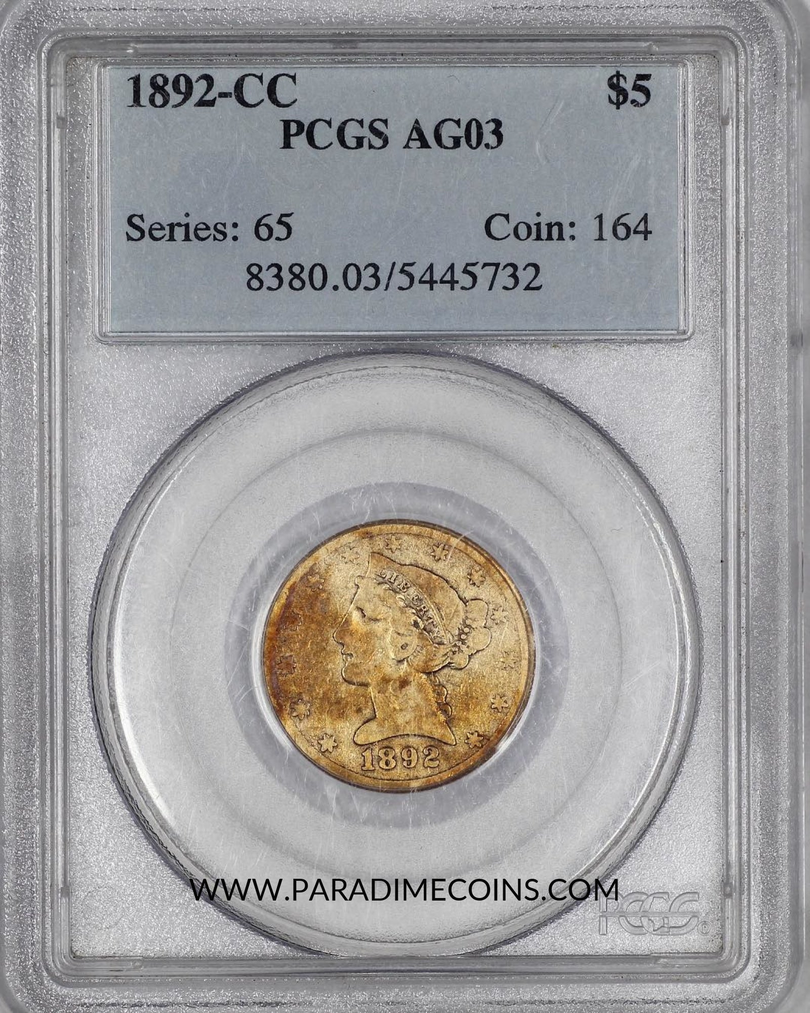 1892-CC $5 AG03 PCGS - Paradime Coins | PCGS NGC CACG CAC Rare US Numismatic Coins For Sale