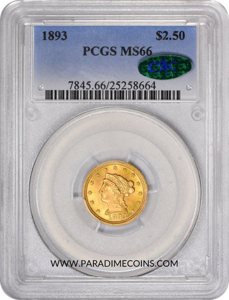 1893 $2.5 MS66 PCGS CAC - Paradime Coins US Coins For Sale