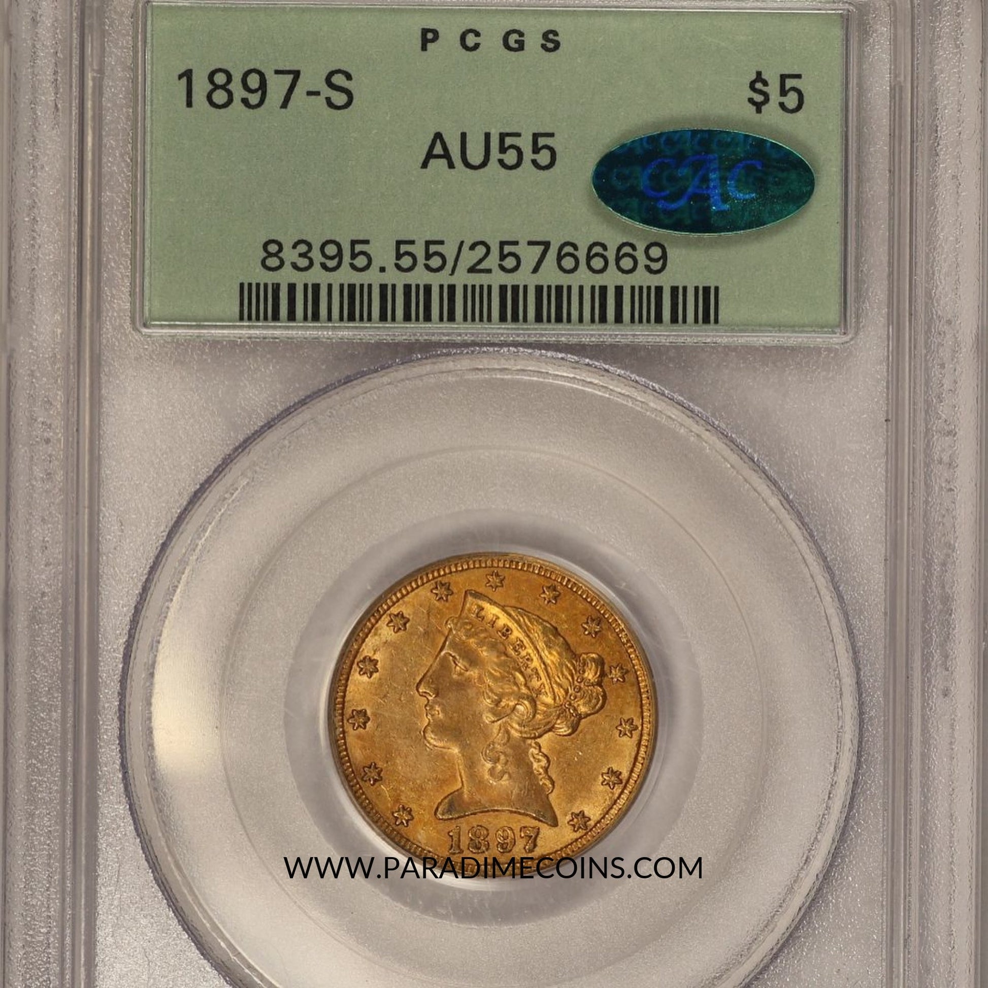 1897-S $5 AU55 OGH PCGS CAC - Paradime Coins | PCGS NGC CACG CAC Rare US Numismatic Coins For Sale