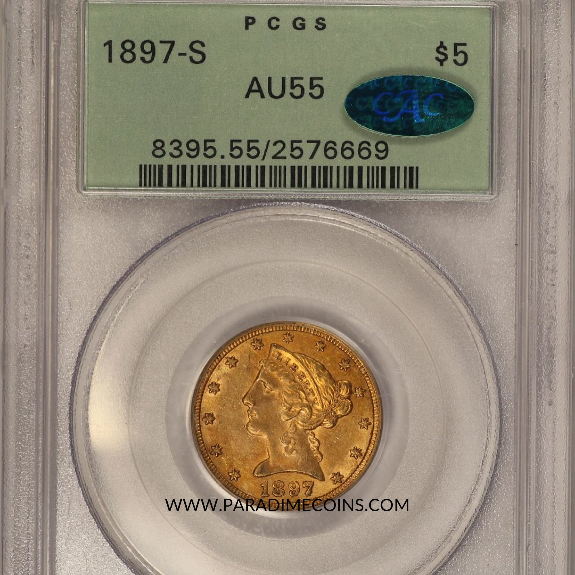 1897-S $5 AU55 OGH PCGS CAC - Paradime Coins | PCGS NGC CACG CAC Rare US Numismatic Coins For Sale