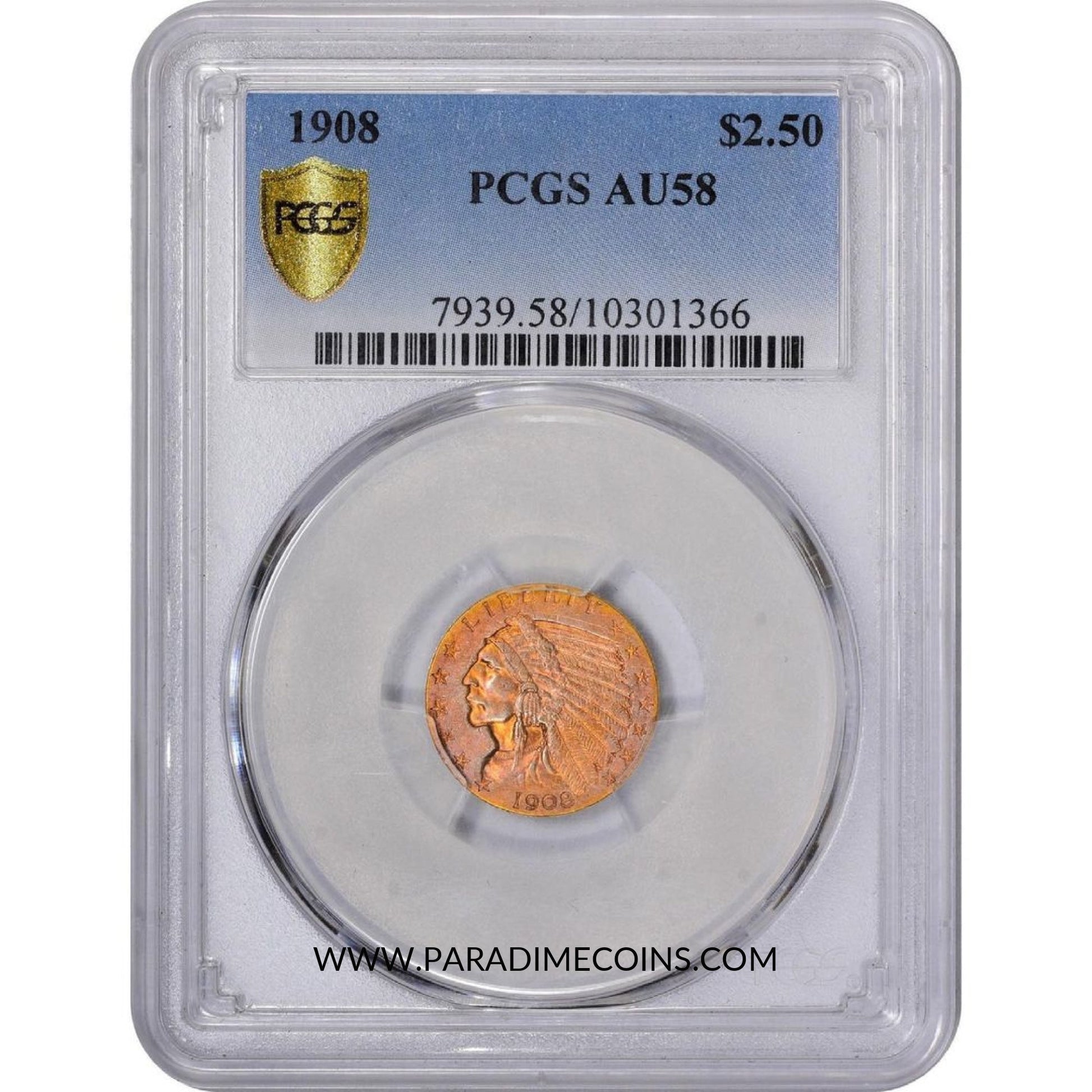 1908 $2.5 AU58 PCGS - Paradime Coins | PCGS NGC CACG CAC Rare US Numismatic Coins For Sale