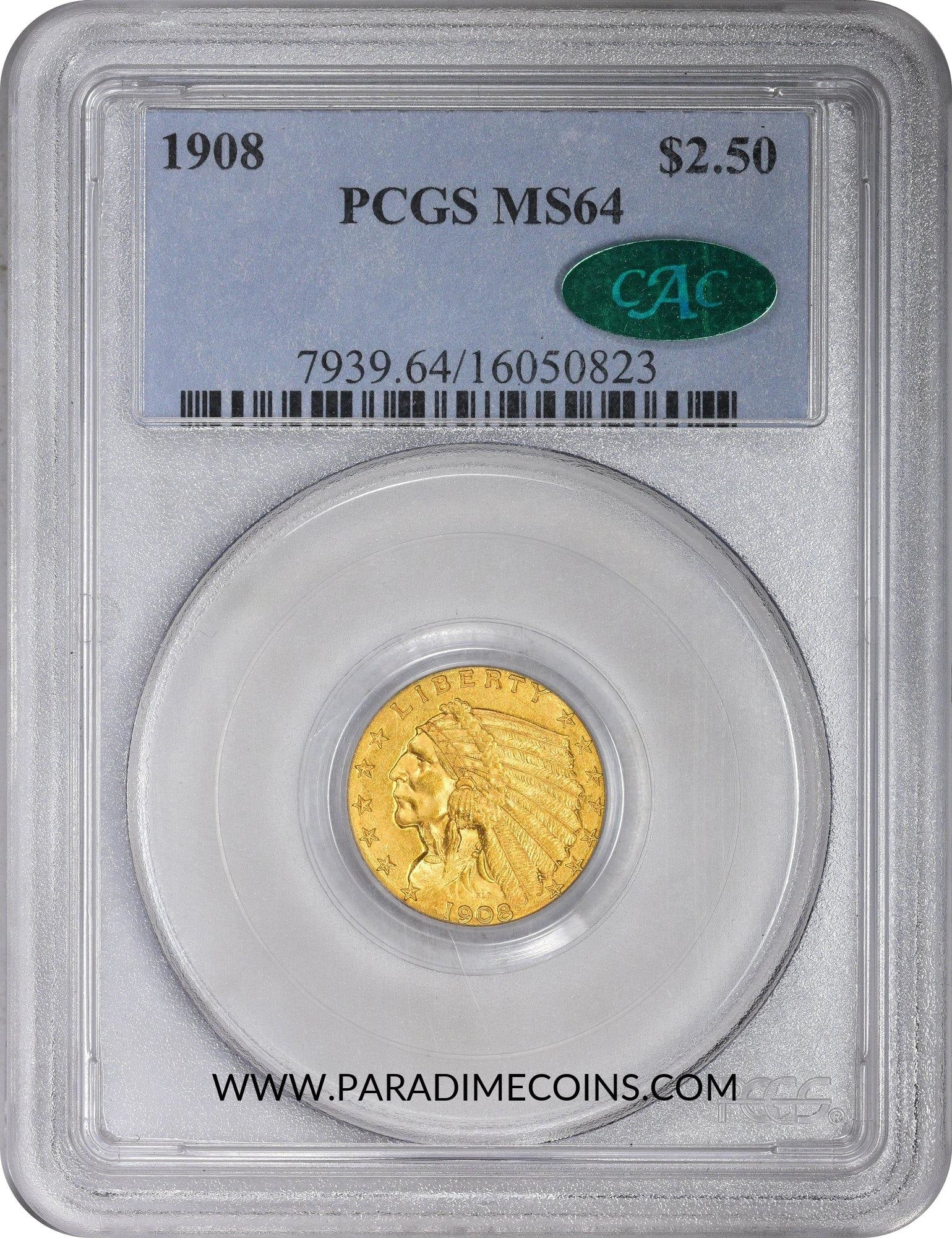 1908 $2.5 MS64 PCGS CAC - Paradime Coins | PCGS NGC CACG CAC Rare US Numismatic Coins For Sale