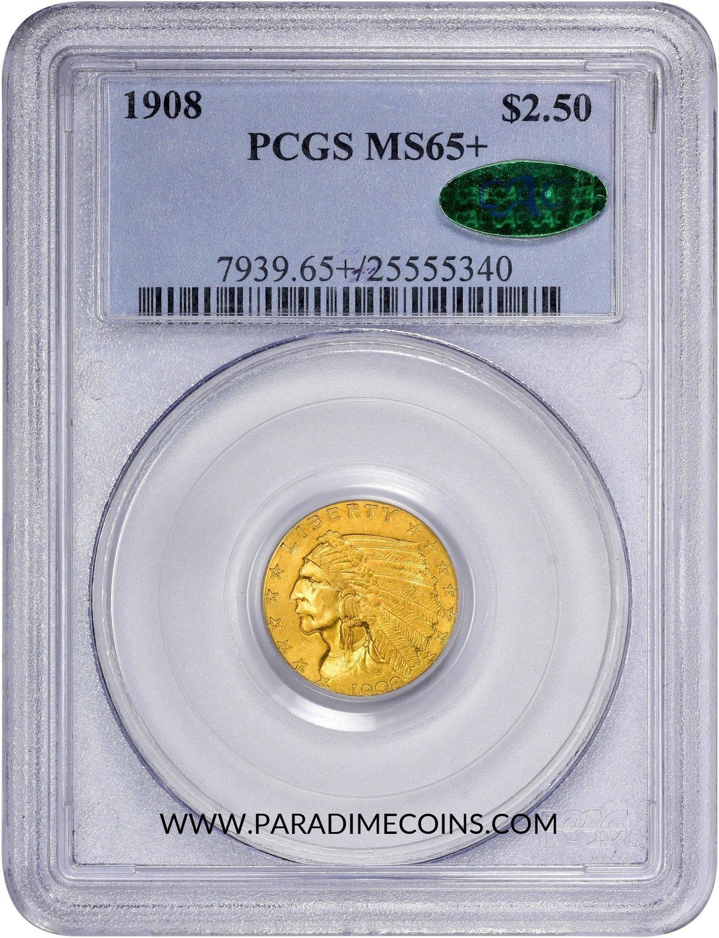 1908 $2.5 MS65+ PCGS CAC - Paradime Coins | PCGS NGC CACG CAC Rare US Numismatic Coins For Sale