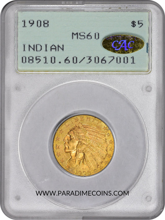 1908 $5 INDIAN MS60 OGH RATTLER PCGS GOLD CAC - Paradime Coins | PCGS NGC CACG CAC Rare US Numismatic Coins For Sale