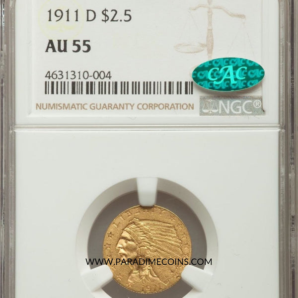 1911-D $2.5 STRONG D AU55 NGC CAC - Paradime Coins | PCGS NGC CACG CAC Rare US Numismatic Coins For Sale