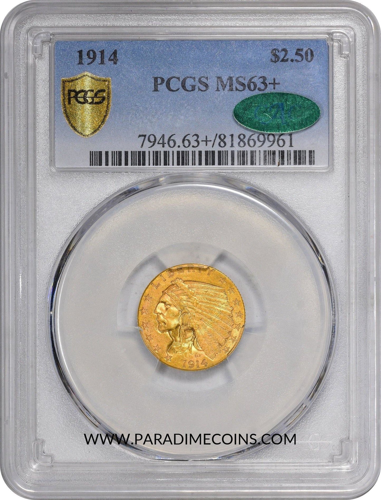 1914 $2.5 MS63+ PCGS CAC - Paradime Coins | PCGS NGC CACG CAC Rare US Numismatic Coins For Sale