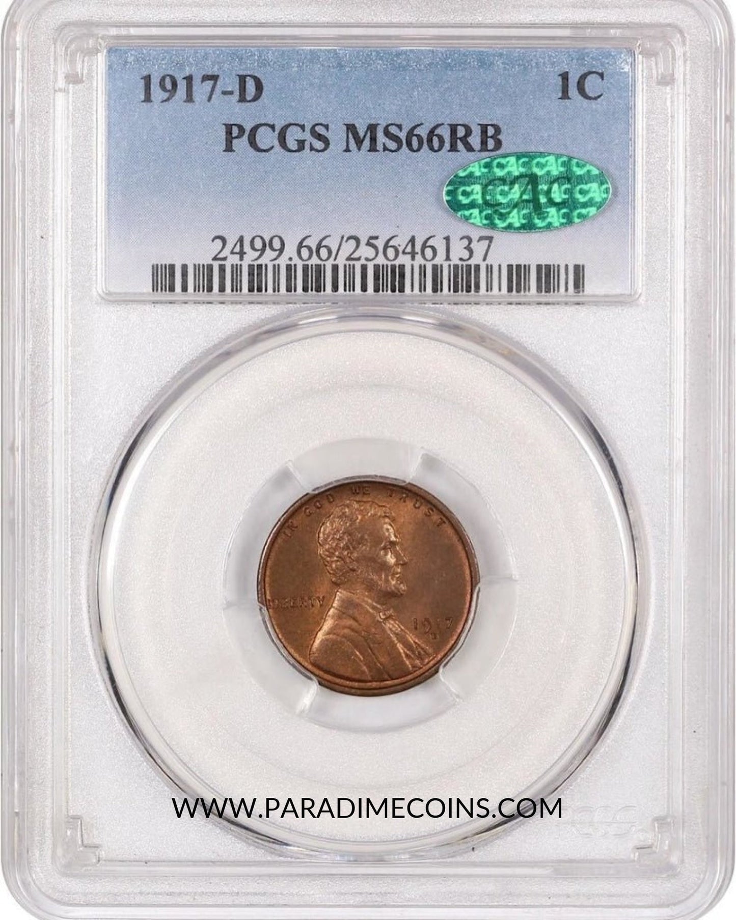 1917-D 1C MS66 RB PCGS CAC - Paradime Coins | PCGS NGC CACG CAC Rare US Numismatic Coins For Sale