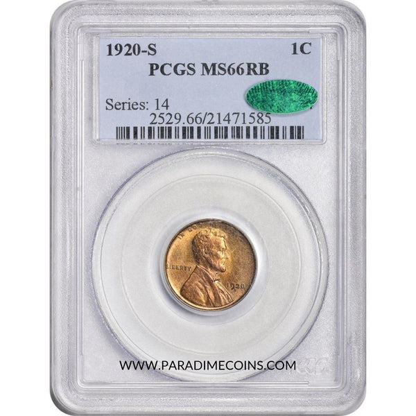 1920-S 1C MS66RB PCGS CAC - Paradime Coins | PCGS NGC CACG CAC Rare US Numismatic Coins For Sale