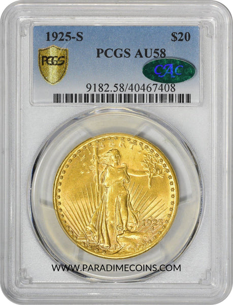 1925-S $20 AU58 PCGS CAC - Paradime Coins | PCGS NGC CACG CAC Rare US Numismatic Coins For Sale