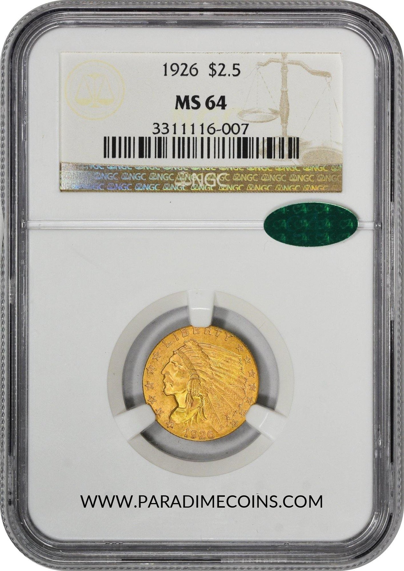 1926 $2.5 MS64 NGC CAC - Paradime Coins | PCGS NGC CACG CAC Rare US Numismatic Coins For Sale