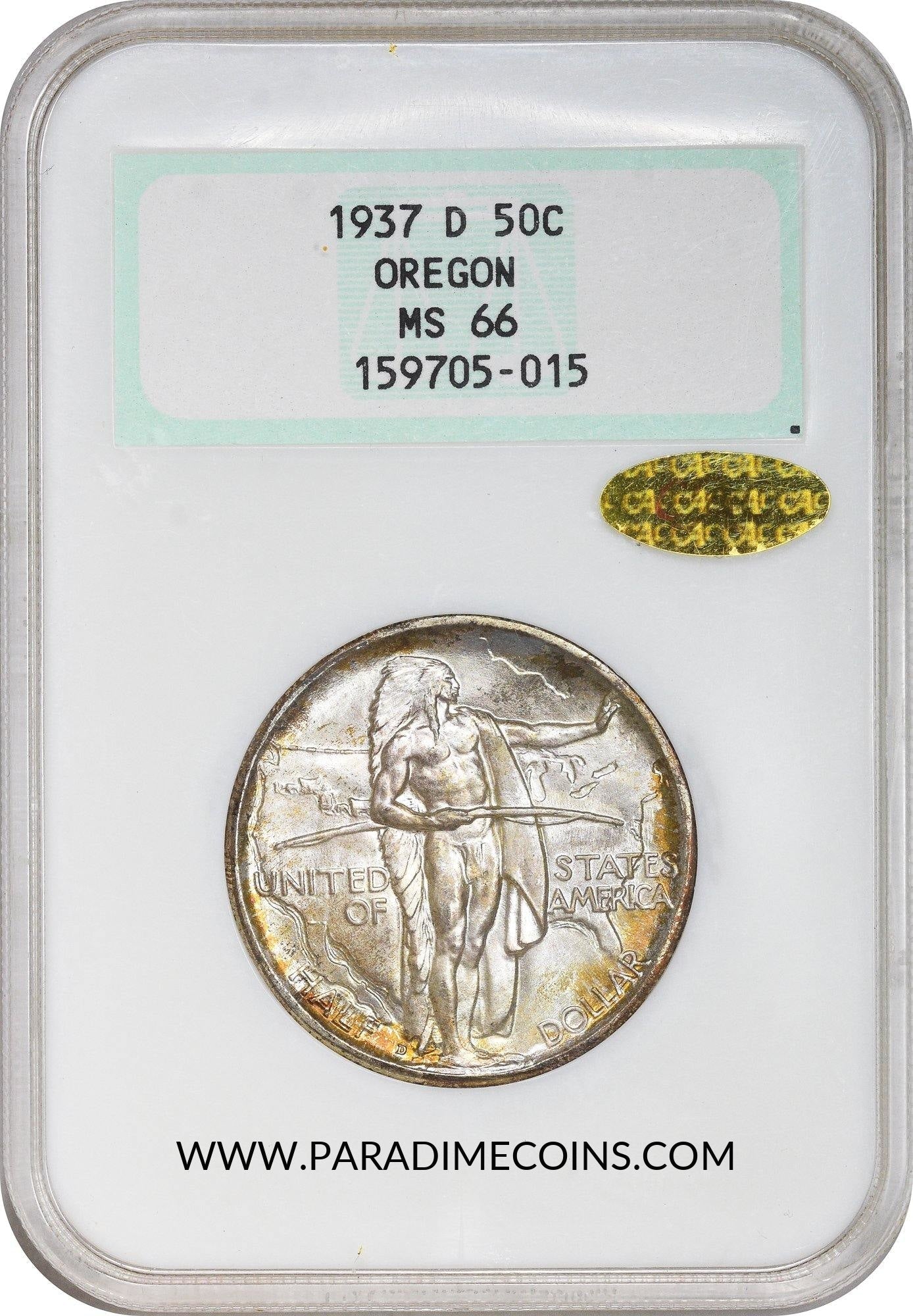 1937-D 50C Oregon MS66 GOLD CAC NGC OH - Paradime Coins | PCGS NGC CACG CAC Rare US Numismatic Coins For Sale
