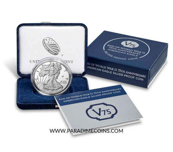 2020 W END OF WWII 75TH ANNIVERSARY NGC PF70UCAMEO First Releases S$1 SILVER EAGLE PROOF V75 PRIVY 20XF - Paradime Coins | PCGS NGC CACG CAC Rare US Numismatic Coins For Sale