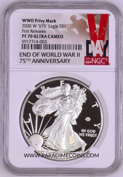 2020 W END OF WWII 75TH ANNIVERSARY NGC PF70UCAMEO First Releases S$1 SILVER EAGLE PROOF V75 PRIVY 20XF - Paradime Coins | PCGS NGC CACG CAC Rare US Numismatic Coins For Sale